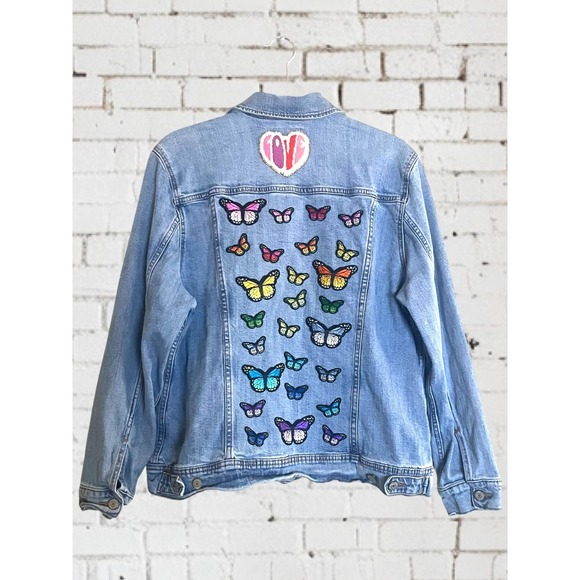 Old Navy Jackets & Blazers - Rainbow Butterflies Pride Boho Festival Patch Denim Jean Jacket LGBTQIA+ sz. XL